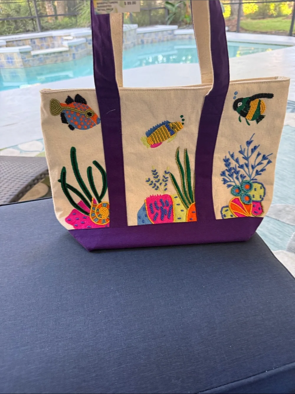 Embroidered Canvas Tote with Purple Trim and Colorful Fish Motif